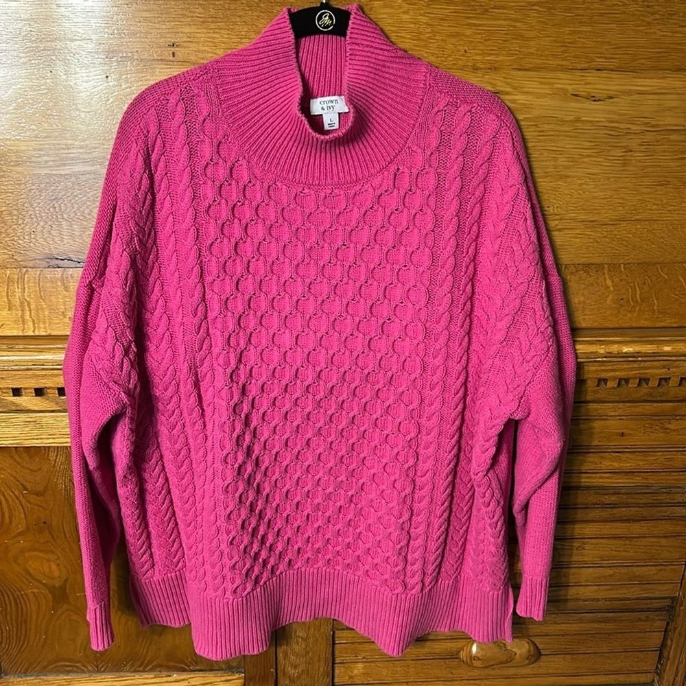 Crown & Ivy Barbiecore Pink Cable‎ Knit Mock Neck Sweater Honeycomb Texture Cozy